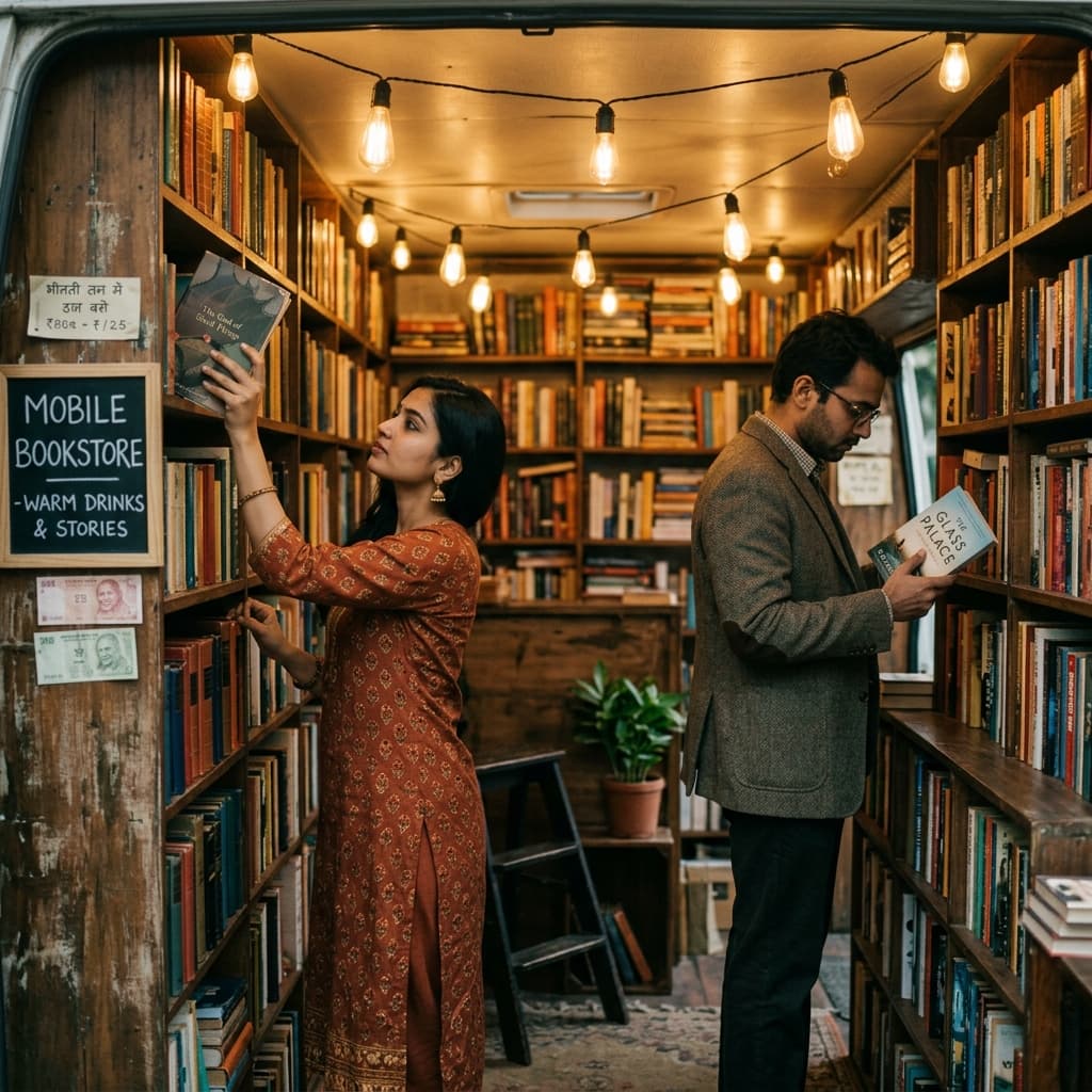 Inside the Books On Wheel cozy mobile bookstore and library environment